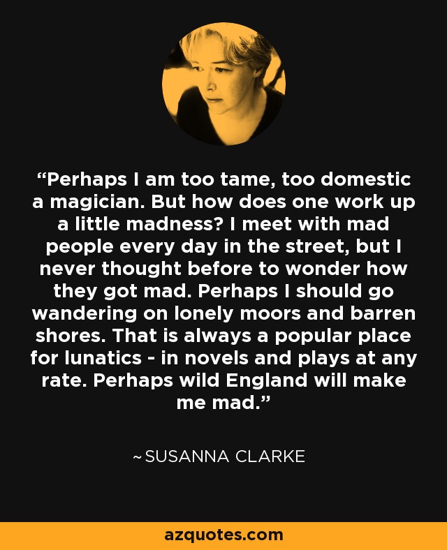 Perhaps I am too tame, too domestic a magician. But how does one work up a little madness? I meet with mad people every day in the street, but I never thought before to wonder how they got mad. Perhaps I should go wandering on lonely moors and barren shores. That is always a popular place for lunatics - in novels and plays at any rate. Perhaps wild England will make me mad. - Susanna Clarke