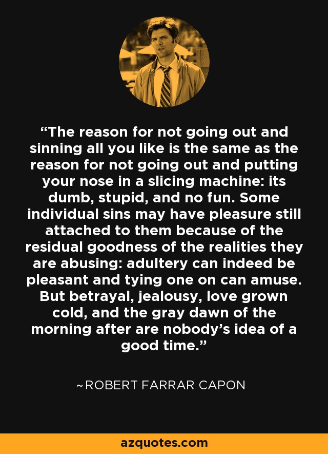 The reason for not going out and sinning all you like is the same as the reason for not going out and putting your nose in a slicing machine: its dumb, stupid, and no fun. Some individual sins may have pleasure still attached to them because of the residual goodness of the realities they are abusing: adultery can indeed be pleasant and tying one on can amuse. But betrayal, jealousy, love grown cold, and the gray dawn of the morning after are nobody's idea of a good time. - Robert Farrar Capon