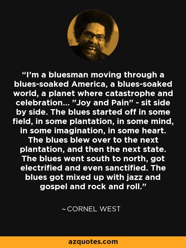 I'm a bluesman moving through a blues-soaked America, a blues-soaked world, a planet where catastrophe and celebration... 