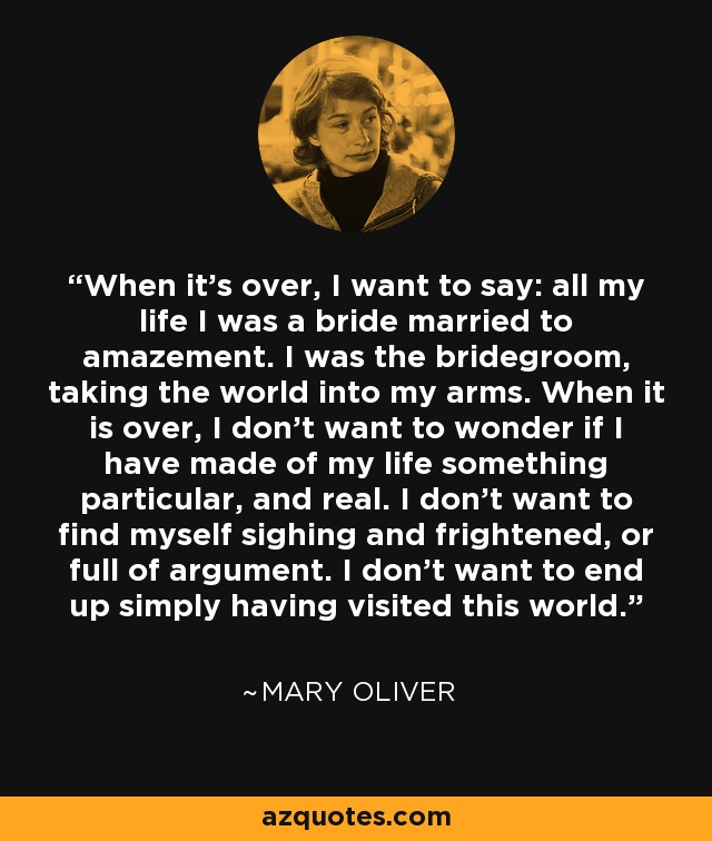 When it's over, I want to say: all my life I was a bride married to amazement. I was the bridegroom, taking the world into my arms. When it is over, I don't want to wonder if I have made of my life something particular, and real. I don't want to find myself sighing and frightened, or full of argument. I don't want to end up simply having visited this world. - Mary Oliver