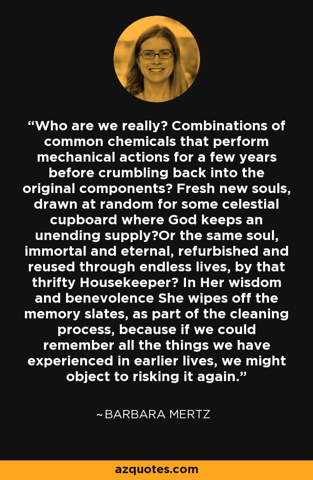 Who are we really? Combinations of common chemicals that perform mechanical actions for a few years before crumbling back into the original components? Fresh new souls, drawn at random for some celestial cupboard where God keeps an unending supply?Or the same soul, immortal and eternal, refurbished and reused through endless lives, by that thrifty Housekeeper? In Her wisdom and benevolence She wipes off the memory slates, as part of the cleaning process, because if we could remember all the things we have experienced in earlier lives, we might object to risking it again. - Barbara Mertz