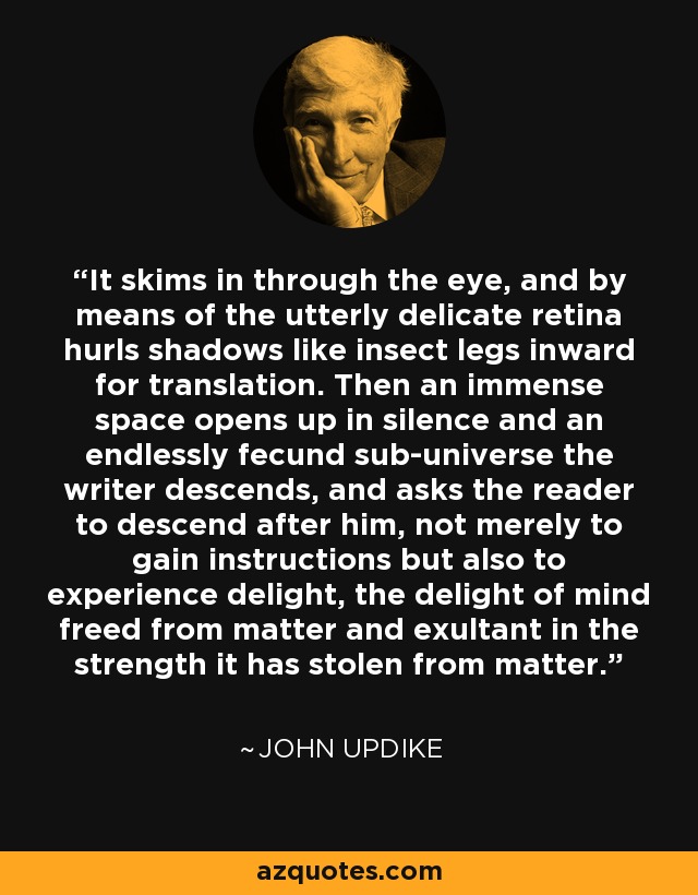 It skims in through the eye, and by means of the utterly delicate retina hurls shadows like insect legs inward for translation. Then an immense space opens up in silence and an endlessly fecund sub-universe the writer descends, and asks the reader to descend after him, not merely to gain instructions but also to experience delight, the delight of mind freed from matter and exultant in the strength it has stolen from matter. - John Updike