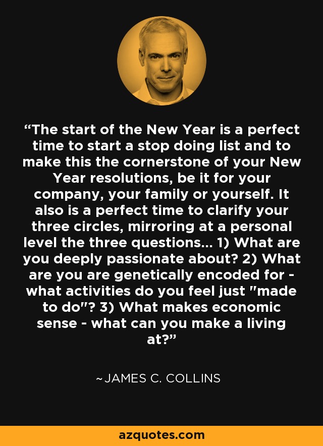 The start of the New Year is a perfect time to start a stop doing list and to make this the cornerstone of your New Year resolutions, be it for your company, your family or yourself. It also is a perfect time to clarify your three circles, mirroring at a personal level the three questions... 1) What are you deeply passionate about? 2) What are you are genetically encoded for - what activities do you feel just 