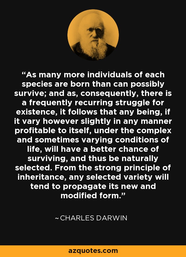 As many more individuals of each species are born than can possibly survive; and as, consequently, there is a frequently recurring struggle for existence, it follows that any being, if it vary however slightly in any manner profitable to itself, under the complex and sometimes varying conditions of life, will have a better chance of surviving, and thus be naturally selected. From the strong principle of inheritance, any selected variety will tend to propagate its new and modified form. - Charles Darwin
