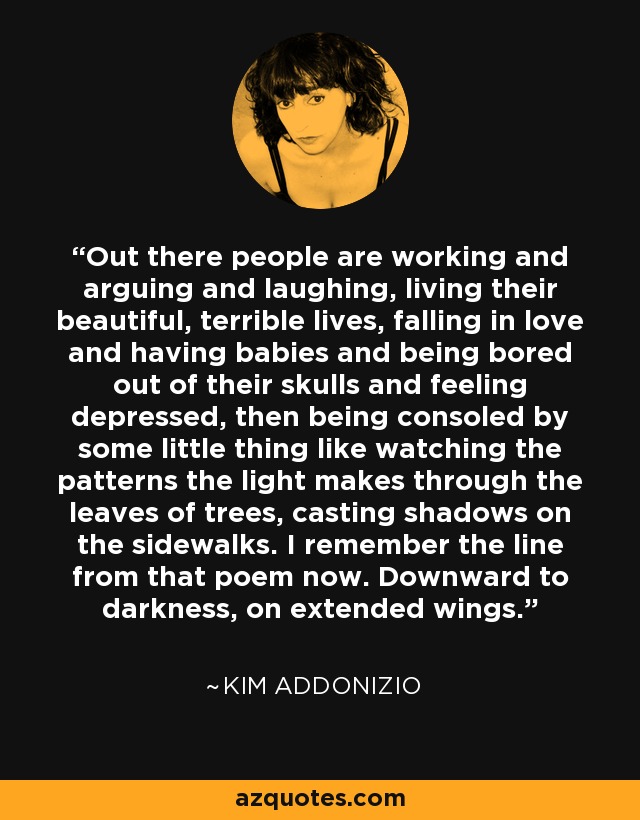 Out there people are working and arguing and laughing, living their beautiful, terrible lives, falling in love and having babies and being bored out of their skulls and feeling depressed, then being consoled by some little thing like watching the patterns the light makes through the leaves of trees, casting shadows on the sidewalks. I remember the line from that poem now. Downward to darkness, on extended wings. - Kim Addonizio