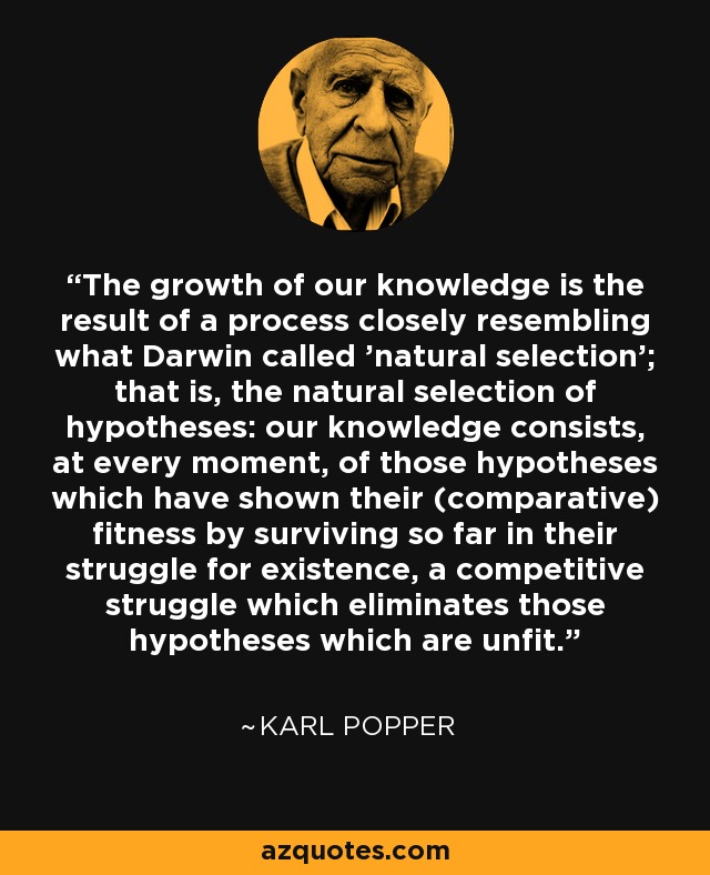The growth of our knowledge is the result of a process closely resembling what Darwin called 'natural selection'; that is, the natural selection of hypotheses: our knowledge consists, at every moment, of those hypotheses which have shown their (comparative) fitness by surviving so far in their struggle for existence, a competitive struggle which eliminates those hypotheses which are unfit. - Karl Popper