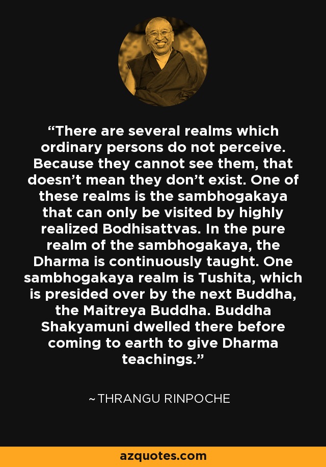 There are several realms which ordinary persons do not perceive. Because they cannot see them, that doesn't mean they don't exist. One of these realms is the sambhogakaya that can only be visited by highly realized Bodhisattvas. In the pure realm of the sambhogakaya, the Dharma is continuously taught. One sambhogakaya realm is Tushita, which is presided over by the next Buddha, the Maitreya Buddha. Buddha Shakyamuni dwelled there before coming to earth to give Dharma teachings. - Thrangu Rinpoche