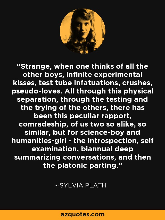 Strange, when one thinks of all the other boys, infinite experimental kisses, test tube infatuations, crushes, pseudo-loves. All through this physical separation, through the testing and the trying of the others, there has been this peculiar rapport, comradeship, of us two so alike, so similar, but for science-boy and humanities-girl - the introspection, self examination, biannual deep summarizing conversations, and then the platonic parting. - Sylvia Plath