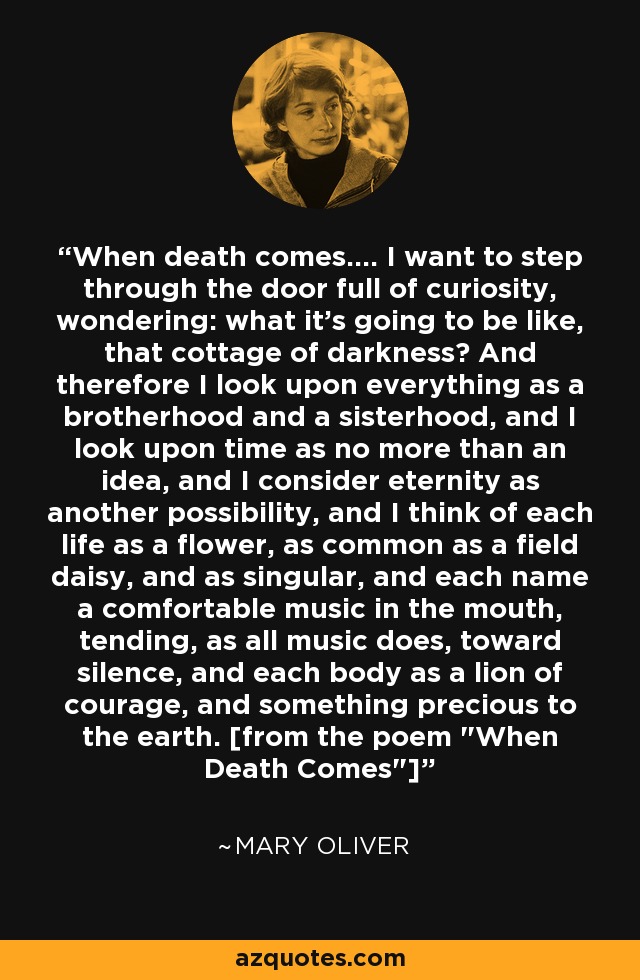 When death comes…. I want to step through the door full of curiosity, wondering: what it’s going to be like, that cottage of darkness? And therefore I look upon everything as a brotherhood and a sisterhood, and I look upon time as no more than an idea, and I consider eternity as another possibility, and I think of each life as a flower, as common as a field daisy, and as singular, and each name a comfortable music in the mouth, tending, as all music does, toward silence, and each body as a lion of courage, and something precious to the earth. [from the poem 