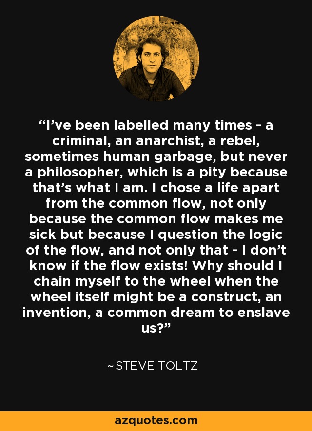 I've been labelled many times - a criminal, an anarchist, a rebel, sometimes human garbage, but never a philosopher, which is a pity because that's what I am. I chose a life apart from the common flow, not only because the common flow makes me sick but because I question the logic of the flow, and not only that - I don't know if the flow exists! Why should I chain myself to the wheel when the wheel itself might be a construct, an invention, a common dream to enslave us? - Steve Toltz