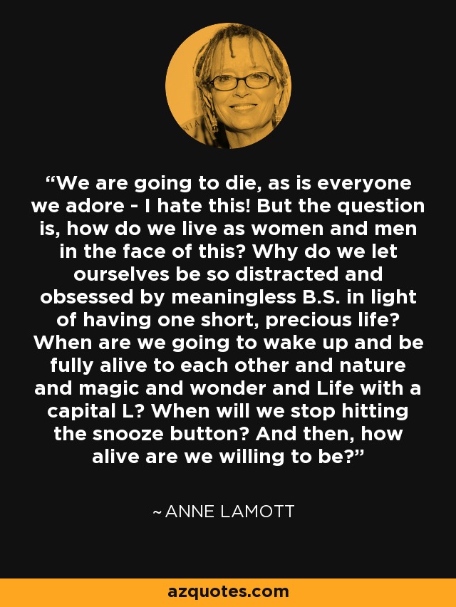 We are going to die, as is everyone we adore - I hate this! But the question is, how do we live as women and men in the face of this? Why do we let ourselves be so distracted and obsessed by meaningless B.S. in light of having one short, precious life? When are we going to wake up and be fully alive to each other and nature and magic and wonder and Life with a capital L? When will we stop hitting the snooze button? And then, how alive are we willing to be? - Anne Lamott