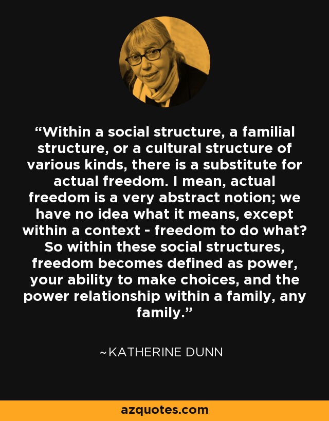 Within a social structure, a familial structure, or a cultural structure of various kinds, there is a substitute for actual freedom. I mean, actual freedom is a very abstract notion; we have no idea what it means, except within a context - freedom to do what? So within these social structures, freedom becomes defined as power, your ability to make choices, and the power relationship within a family, any family. - Katherine Dunn