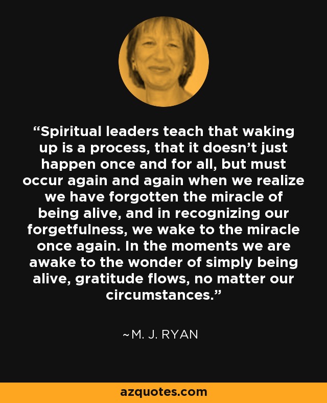 Spiritual leaders teach that waking up is a process, that it doesn't just happen once and for all, but must occur again and again when we realize we have forgotten the miracle of being alive, and in recognizing our forgetfulness, we wake to the miracle once again. In the moments we are awake to the wonder of simply being alive, gratitude flows, no matter our circumstances. - M. J. Ryan