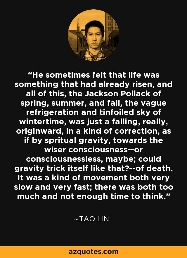He sometimes felt that life was something that had already risen, and all of this, the Jackson Pollack of spring, summer, and fall, the vague refrigeration and tinfoiled sky of wintertime, was just a falling, really, originward, in a kind of correction, as if by spritual gravity, towards the wiser consciousness--or consciousnessless, maybe; could gravity trick itself like that?--of death. It was a kind of movement both very slow and very fast; there was both too much and not enough time to think. - Tao Lin