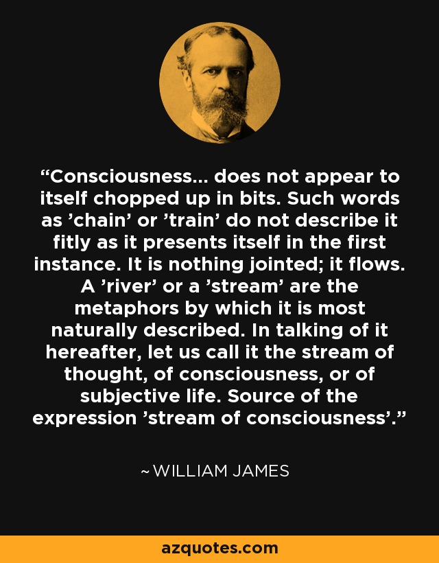 Consciousness... does not appear to itself chopped up in bits. Such words as 'chain' or 'train' do not describe it fitly as it presents itself in the first instance. It is nothing jointed; it flows. A 'river' or a 'stream' are the metaphors by which it is most naturally described. In talking of it hereafter, let us call it the stream of thought, of consciousness, or of subjective life. Source of the expression 'stream of consciousness'. - William James