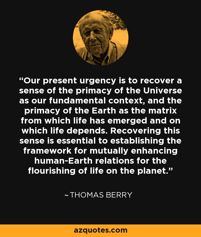 Our present urgency is to recover a sense of the primacy of the Universe as our fundamental context, and the primacy of the Earth as the matrix from which life has emerged and on which life depends. Recovering this sense is essential to establishing the framework for mutually enhancing human-Earth relations for the flourishing of life on the planet. - Thomas Berry