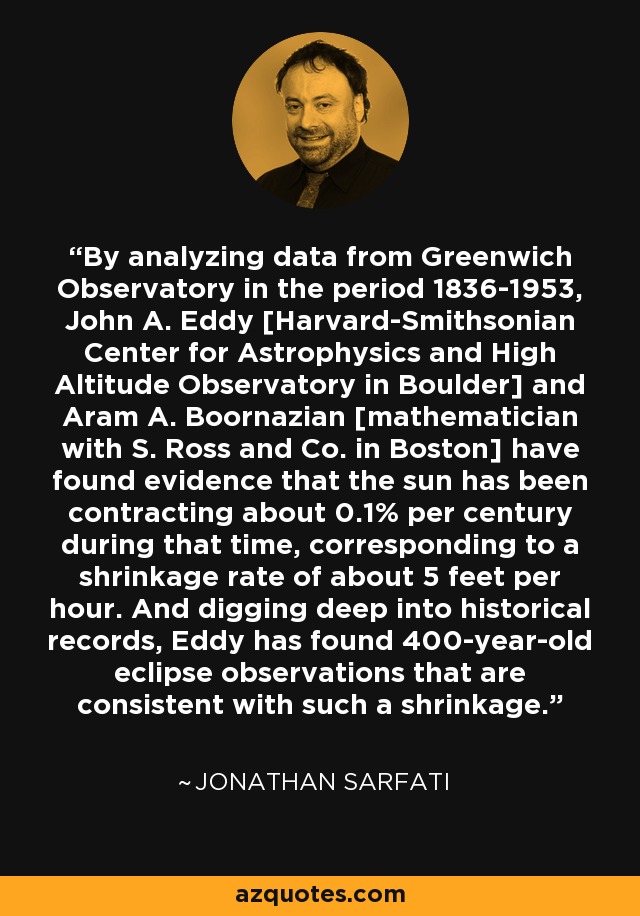 By analyzing data from Greenwich Observatory in the period 1836-1953, John A. Eddy [Harvard-Smithsonian Center for Astrophysics and High Altitude Observatory in Boulder] and Aram A. Boornazian [mathematician with S. Ross and Co. in Boston] have found evidence that the sun has been contracting about 0.1% per century during that time, corresponding to a shrinkage rate of about 5 feet per hour. And digging deep into historical records, Eddy has found 400-year-old eclipse observations that are consistent with such a shrinkage. - Jonathan Sarfati
