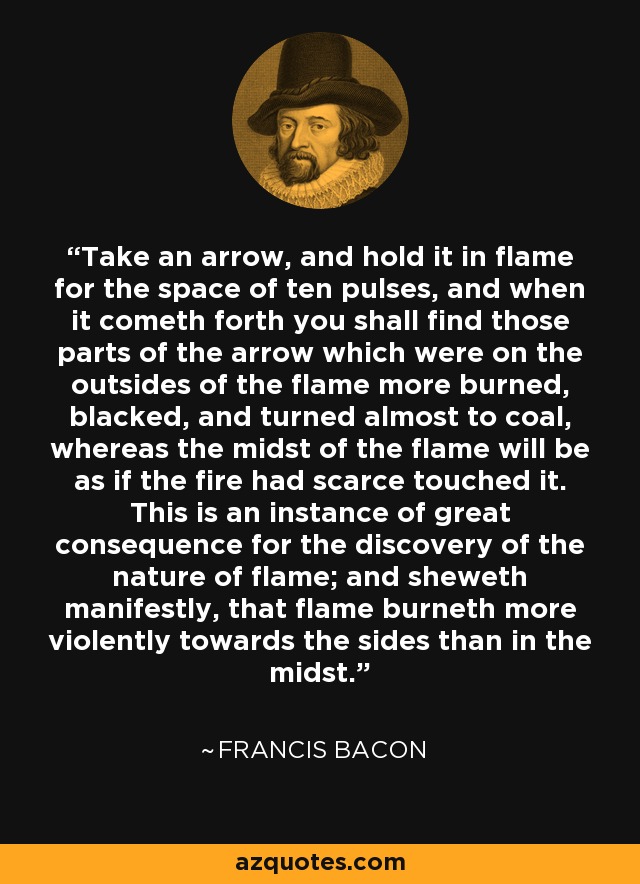 Take an arrow, and hold it in flame for the space of ten pulses, and when it cometh forth you shall find those parts of the arrow which were on the outsides of the flame more burned, blacked, and turned almost to coal, whereas the midst of the flame will be as if the fire had scarce touched it. This is an instance of great consequence for the discovery of the nature of flame; and sheweth manifestly, that flame burneth more violently towards the sides than in the midst. - Francis Bacon