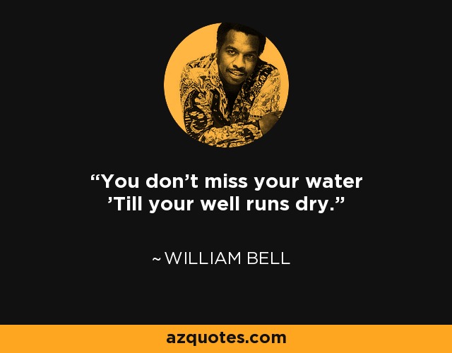 You don't miss your water 'Till your well runs dry. - William Bell