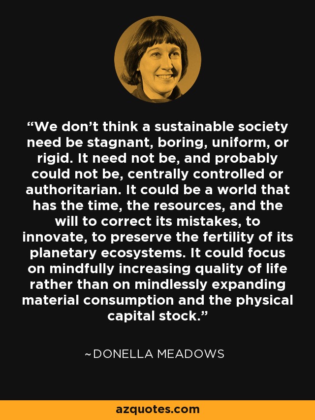 We don't think a sustainable society need be stagnant, boring, uniform, or rigid. It need not be, and probably could not be, centrally controlled or authoritarian. It could be a world that has the time, the resources, and the will to correct its mistakes, to innovate, to preserve the fertility of its planetary ecosystems. It could focus on mindfully increasing quality of life rather than on mindlessly expanding material consumption and the physical capital stock. - Donella Meadows