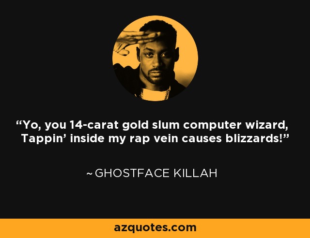 Yo, you 14-carat gold slum computer wizard, Tappin' inside my rap vein causes blizzards! - Ghostface Killah