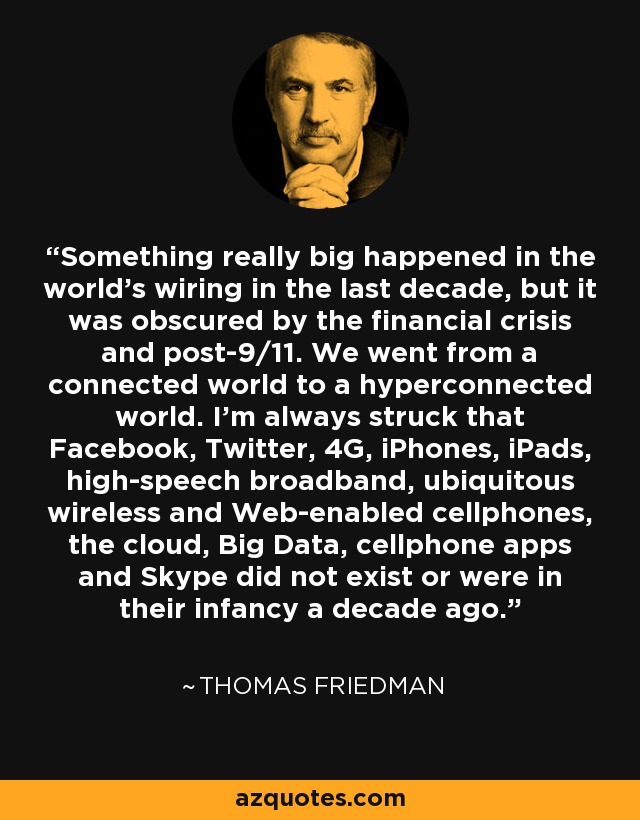 Something really big happened in the world's wiring in the last decade, but it was obscured by the financial crisis and post-9/11. We went from a connected world to a hyperconnected world. I'm always struck that Facebook, Twitter, 4G, iPhones, iPads, high-speech broadband, ubiquitous wireless and Web-enabled cellphones, the cloud, Big Data, cellphone apps and Skype did not exist or were in their infancy a decade ago. - Thomas Friedman