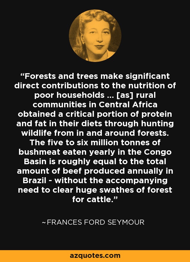Forests and trees make significant direct contributions to the nutrition of poor households ... [as] rural communities in Central Africa obtained a critical portion of protein and fat in their diets through hunting wildlife from in and around forests. The five to six million tonnes of bushmeat eaten yearly in the Congo Basin is roughly equal to the total amount of beef produced annually in Brazil - without the accompanying need to clear huge swathes of forest for cattle. - Frances Ford Seymour