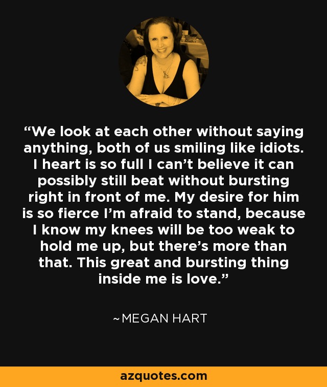 We look at each other without saying anything, both of us smiling like idiots. I heart is so full I can’t believe it can possibly still beat without bursting right in front of me. My desire for him is so fierce I’m afraid to stand, because I know my knees will be too weak to hold me up, but there’s more than that. This great and bursting thing inside me is love. - Megan Hart
