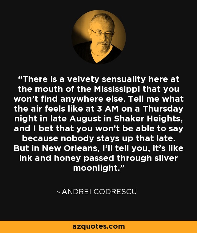 There is a velvety sensuality here at the mouth of the Mississippi that you won't find anywhere else. Tell me what the air feels like at 3 AM on a Thursday night in late August in Shaker Heights, and I bet that you won't be able to say because nobody stays up that late. But in New Orleans, I'll tell you, it's like ink and honey passed through silver moonlight. - Andrei Codrescu