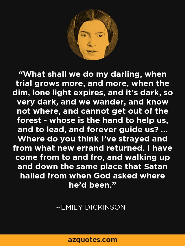 What shall we do my darling, when trial grows more, and more, when the dim, lone light expires, and it's dark, so very dark, and we wander, and know not where, and cannot get out of the forest - whose is the hand to help us, and to lead, and forever guide us? ... Where do you think I've strayed and from what new errand returned. I have come from to and fro, and walking up and down the same place that Satan hailed from when God asked where he'd been. - Emily Dickinson