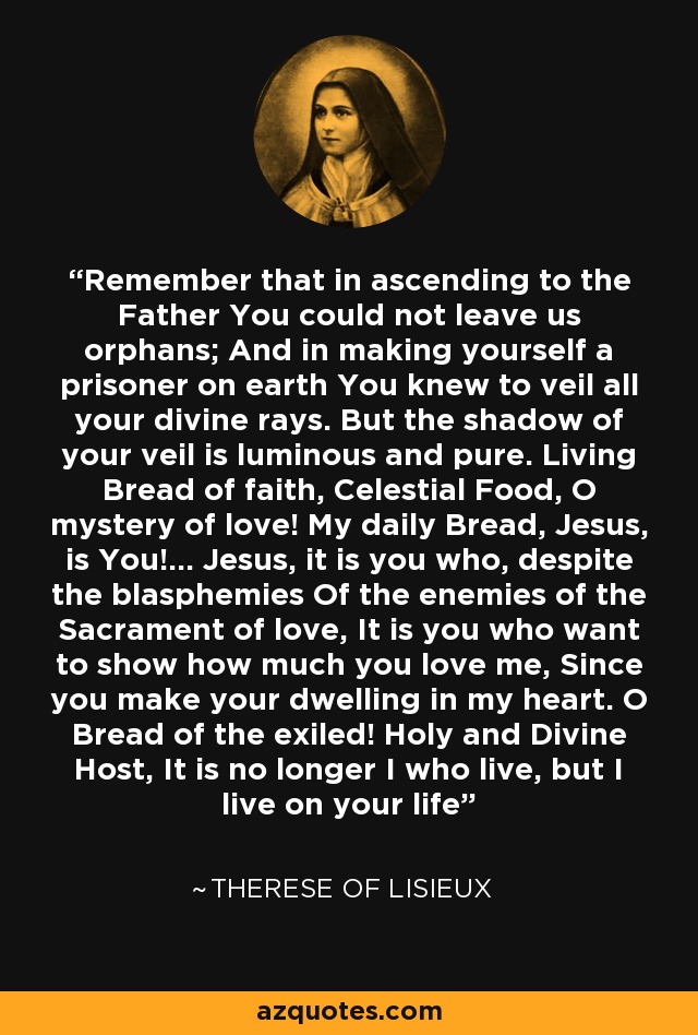 Remember that in ascending to the Father You could not leave us orphans; And in making yourself a prisoner on earth You knew to veil all your divine rays. But the shadow of your veil is luminous and pure. Living Bread of faith, Celestial Food, O mystery of love! My daily Bread, Jesus, is You!... Jesus, it is you who, despite the blasphemies Of the enemies of the Sacrament of love, It is you who want to show how much you love me, Since you make your dwelling in my heart. O Bread of the exiled! Holy and Divine Host, It is no longer I who live, but I live on your life - Therese of Lisieux