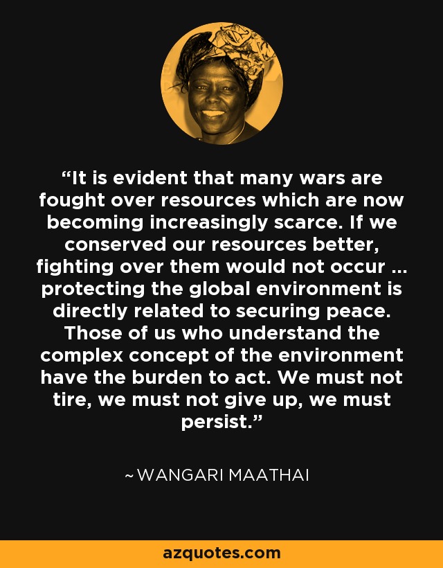 It is evident that many wars are fought over resources which are now becoming increasingly scarce. If we conserved our resources better, fighting over them would not occur ... protecting the global environment is directly related to securing peace. Those of us who understand the complex concept of the environment have the burden to act. We must not tire, we must not give up, we must persist. - Wangari Maathai