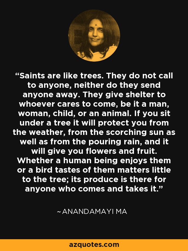 Saints are like trees. They do not call to anyone, neither do they send anyone away. They give shelter to whoever cares to come, be it a man, woman, child, or an animal. If you sit under a tree it will protect you from the weather, from the scorching sun as well as from the pouring rain, and it will give you flowers and fruit. Whether a human being enjoys them or a bird tastes of them matters little to the tree; its produce is there for anyone who comes and takes it. - Anandamayi Ma