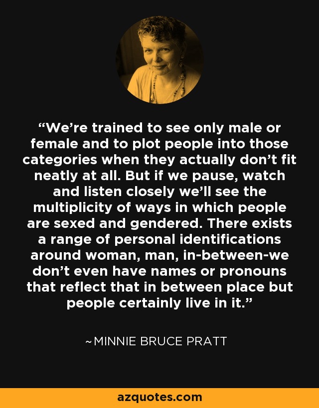 We're trained to see only male or female and to plot people into those categories when they actually don't fit neatly at all. But if we pause, watch and listen closely we'll see the multiplicity of ways in which people are sexed and gendered. There exists a range of personal identifications around woman, man, in-between-we don't even have names or pronouns that reflect that in between place but people certainly live in it. - Minnie Bruce Pratt