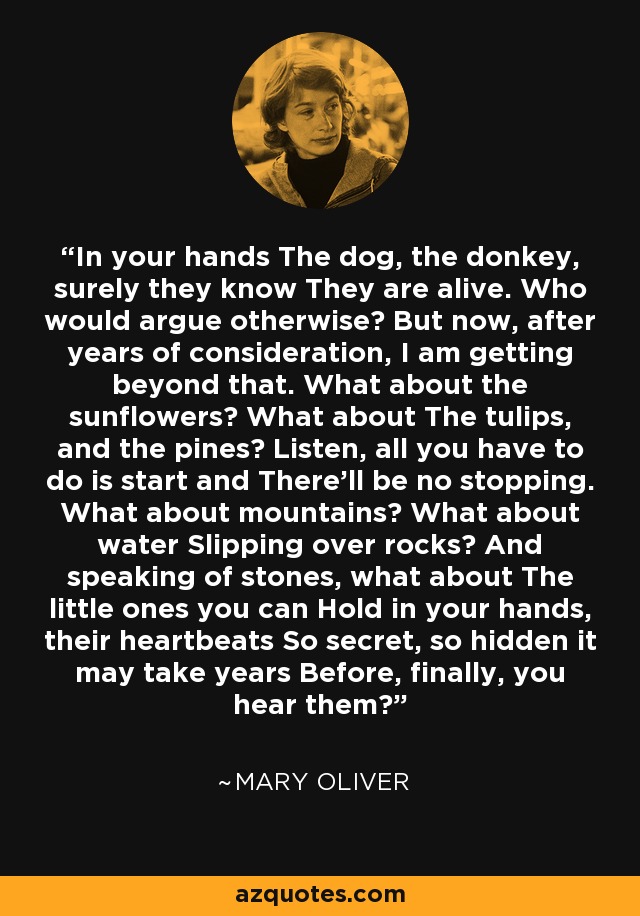 In your hands The dog, the donkey, surely they know They are alive. Who would argue otherwise? But now, after years of consideration, I am getting beyond that. What about the sunflowers? What about The tulips, and the pines? Listen, all you have to do is start and There’ll be no stopping. What about mountains? What about water Slipping over rocks? And speaking of stones, what about The little ones you can Hold in your hands, their heartbeats So secret, so hidden it may take years Before, finally, you hear them? - Mary Oliver