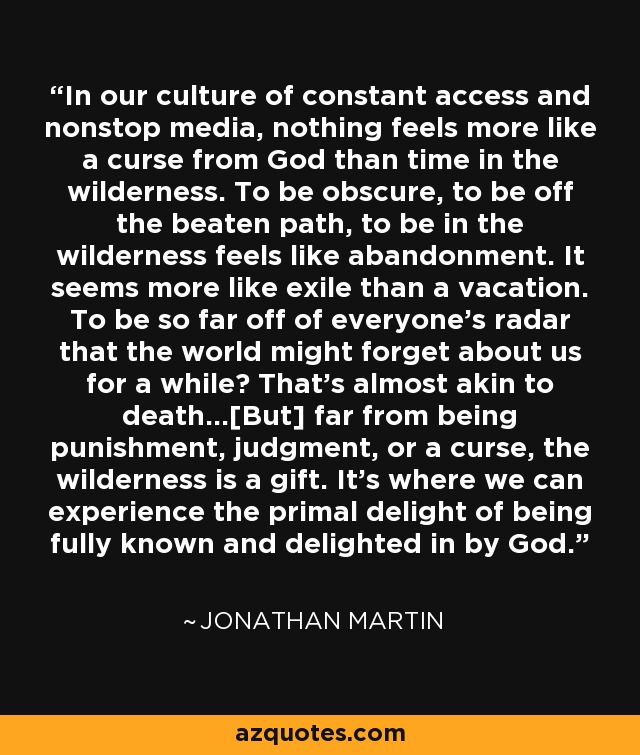 In our culture of constant access and nonstop media, nothing feels more like a curse from God than time in the wilderness. To be obscure, to be off the beaten path, to be in the wilderness feels like abandonment. It seems more like exile than a vacation. To be so far off of everyone’s radar that the world might forget about us for a while? That’s almost akin to death…[But] far from being punishment, judgment, or a curse, the wilderness is a gift. It’s where we can experience the primal delight of being fully known and delighted in by God. - Jonathan Martin