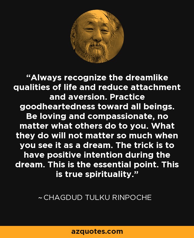 Always recognize the dreamlike qualities of life and reduce attachment and aversion. Practice goodheartedness toward all beings. Be loving and compassionate, no matter what others do to you. What they do will not matter so much when you see it as a dream. The trick is to have positive intention during the dream. This is the essential point. This is true spirituality. - Chagdud Tulku Rinpoche