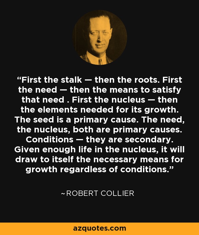 First the stalk — then the roots. First the need — then the means to satisfy that need . First the nucleus — then the elements needed for its growth. The seed is a primary cause. The need, the nucleus, both are primary causes. Conditions — they are secondary. Given enough life in the nucleus, it will draw to itself the necessary means for growth regardless of conditions. - Robert Collier