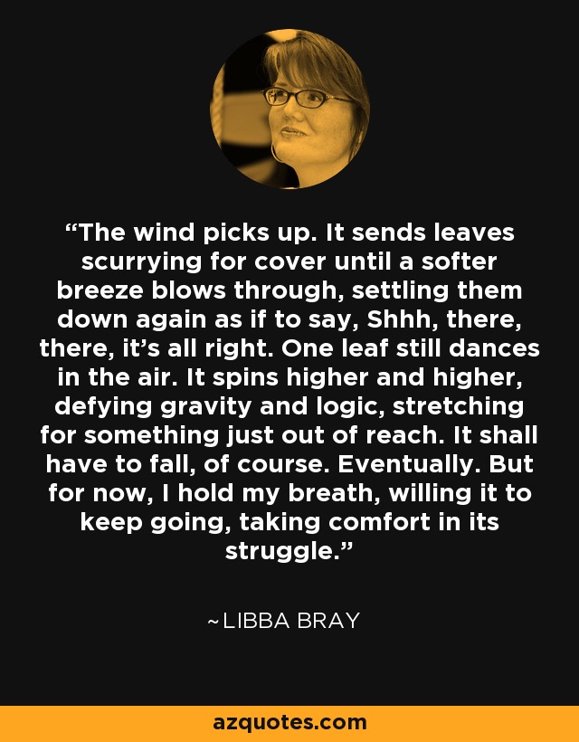 The wind picks up. It sends leaves scurrying for cover until a softer breeze blows through, settling them down again as if to say, Shhh, there, there, it's all right. One leaf still dances in the air. It spins higher and higher, defying gravity and logic, stretching for something just out of reach. It shall have to fall, of course. Eventually. But for now, I hold my breath, willing it to keep going, taking comfort in its struggle. - Libba Bray