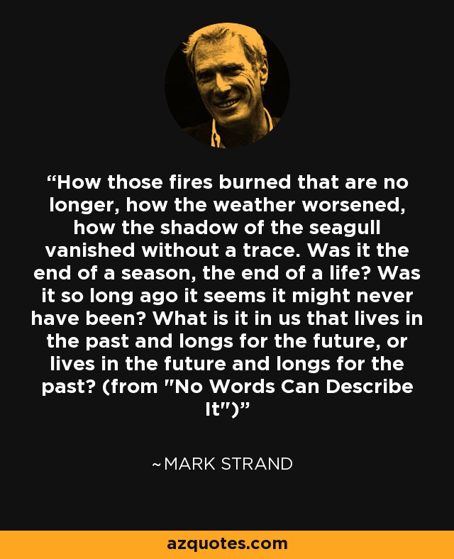 How those fires burned that are no longer, how the weather worsened, how the shadow of the seagull vanished without a trace. Was it the end of a season, the end of a life? Was it so long ago it seems it might never have been? What is it in us that lives in the past and longs for the future, or lives in the future and longs for the past? (from 