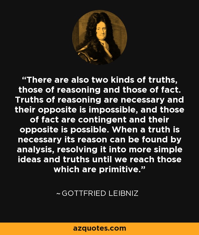 There are also two kinds of truths, those of reasoning and those of fact. Truths of reasoning are necessary and their opposite is impossible, and those of fact are contingent and their opposite is possible. When a truth is necessary its reason can be found by analysis, resolving it into more simple ideas and truths until we reach those which are primitive. - Gottfried Leibniz