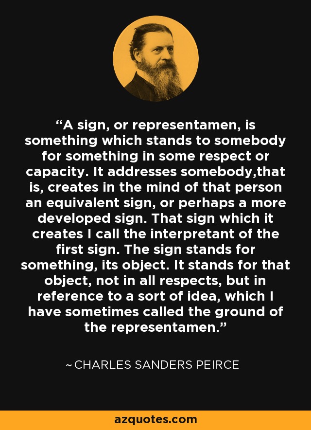 A sign, or representamen, is something which stands to somebody for something in some respect or capacity. It addresses somebody,that is, creates in the mind of that person an equivalent sign, or perhaps a more developed sign. That sign which it creates I call the interpretant of the first sign. The sign stands for something, its object. It stands for that object, not in all respects, but in reference to a sort of idea, which I have sometimes called the ground of the representamen. - Charles Sanders Peirce