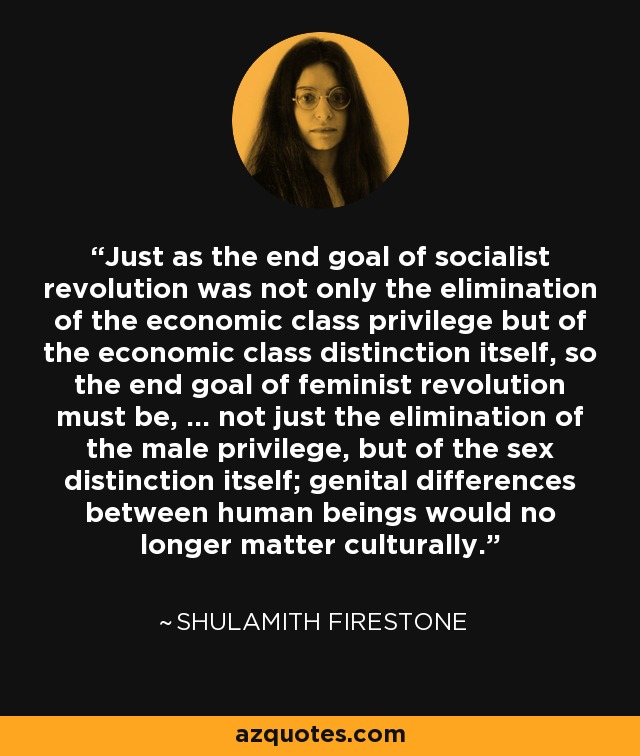 Just as the end goal of socialist revolution was not only the elimination of the economic class privilege but of the economic class distinction itself, so the end goal of feminist revolution must be, ... not just the elimination of the male privilege, but of the sex distinction itself; genital differences between human beings would no longer matter culturally. - Shulamith Firestone
