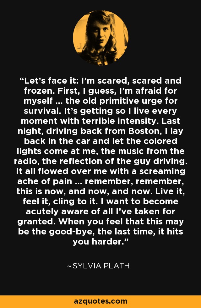 Let's face it: I'm scared, scared and frozen. First, I guess, I'm afraid for myself ... the old primitive urge for survival. It's getting so I live every moment with terrible intensity. Last night, driving back from Boston, I lay back in the car and let the colored lights come at me, the music from the radio, the reflection of the guy driving. It all flowed over me with a screaming ache of pain ... remember, remember, this is now, and now, and now. Live it, feel it, cling to it. I want to become acutely aware of all I've taken for granted. When you feel that this may be the good-bye, the last time, it hits you harder. - Sylvia Plath