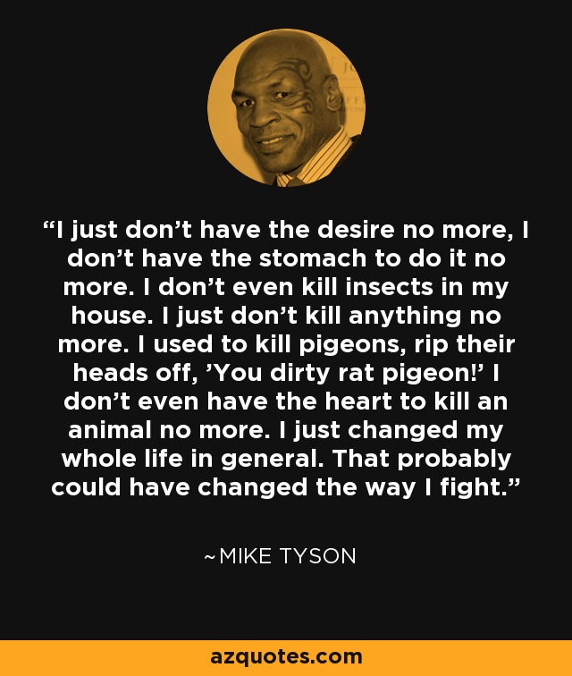 I just don't have the desire no more, I don't have the stomach to do it no more. I don't even kill insects in my house. I just don't kill anything no more. I used to kill pigeons, rip their heads off, 'You dirty rat pigeon!' I don't even have the heart to kill an animal no more. I just changed my whole life in general. That probably could have changed the way I fight. - Mike Tyson