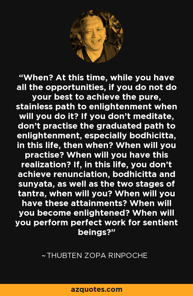 When? At this time, while you have all the opportunities, if you do not do your best to achieve the pure, stainless path to enlightenment when will you do it? If you don't meditate, don't practise the graduated path to enlightenment, especially bodhicitta, in this life, then when? When will you practise? When will you have this realization? If, in this life, you don't achieve renunciation, bodhicitta and sunyata, as well as the two stages of tantra, when will you? When will you have these attainments? When will you become enlightened? When will you perform perfect work for sentient beings? - Thubten Zopa Rinpoche