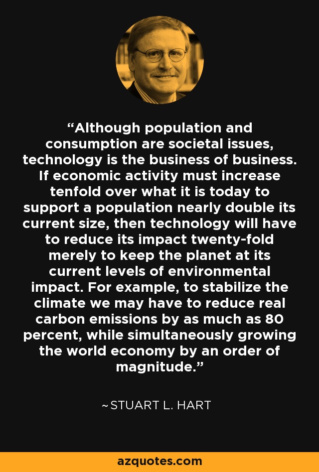 Although population and consumption are societal issues, technology is the business of business. If economic activity must increase tenfold over what it is today to support a population nearly double its current size, then technology will have to reduce its impact twenty-fold merely to keep the planet at its current levels of environmental impact. For example, to stabilize the climate we may have to reduce real carbon emissions by as much as 80 percent, while simultaneously growing the world economy by an order of magnitude. - Stuart L. Hart