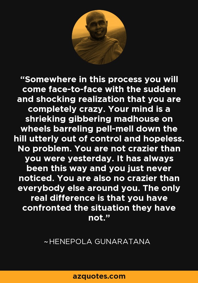 Somewhere in this process you will come face-to-face with the sudden and shocking realization that you are completely crazy. Your mind is a shrieking gibbering madhouse on wheels barreling pell-mell down the hill utterly out of control and hopeless. No problem. You are not crazier than you were yesterday. It has always been this way and you just never noticed. You are also no crazier than everybody else around you. The only real difference is that you have confronted the situation they have not. - Henepola Gunaratana