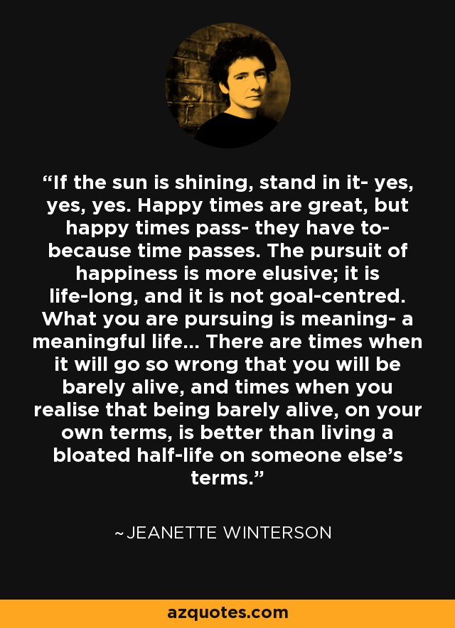 If the sun is shining, stand in it- yes, yes, yes. Happy times are great, but happy times pass- they have to- because time passes. The pursuit of happiness is more elusive; it is life-long, and it is not goal-centred. What you are pursuing is meaning- a meaningful life... There are times when it will go so wrong that you will be barely alive, and times when you realise that being barely alive, on your own terms, is better than living a bloated half-life on someone else's terms. - Jeanette Winterson
