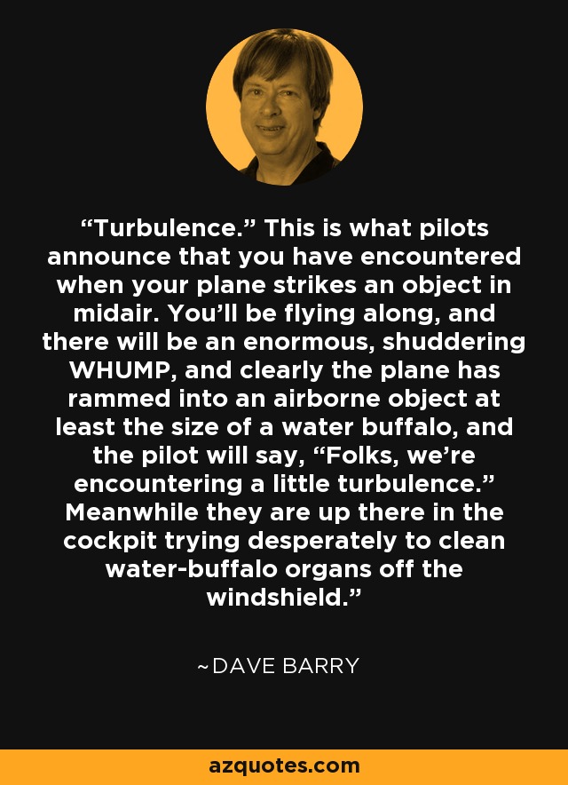 Turbulence.” This is what pilots announce that you have encountered when your plane strikes an object in midair. You'll be flying along, and there will be an enormous, shuddering WHUMP, and clearly the plane has rammed into an airborne object at least the size of a water buffalo, and the pilot will say, “Folks, we're encountering a little turbulence.” Meanwhile they are up there in the cockpit trying desperately to clean water-buffalo organs off the windshield. - Dave Barry
